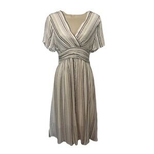 Baltic Born Women Metallic Stripe V-Neck Midi Dress Cream Gold Short Sleeve M